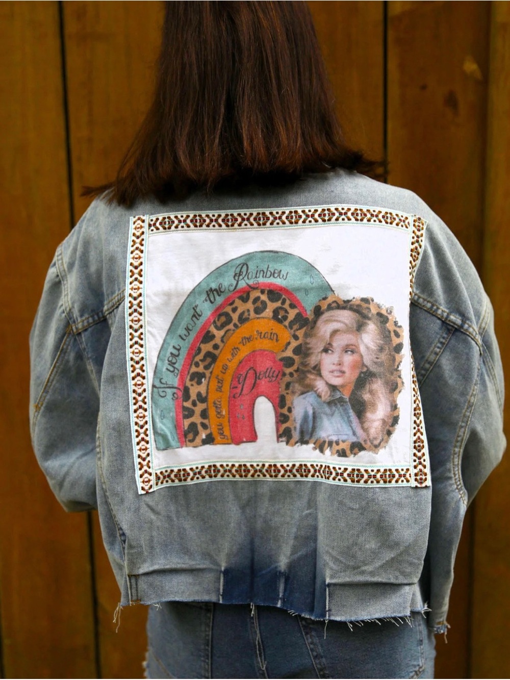 Upcycled Dolly Parton Denim Jacket with Rainbow Patch